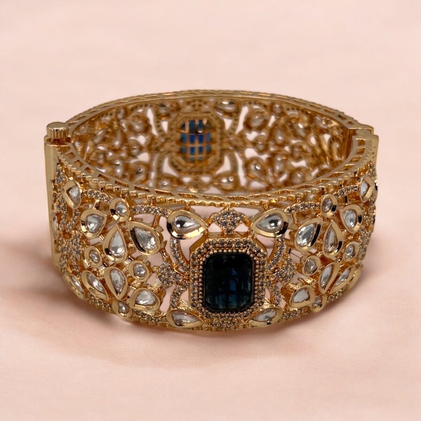 Gold plated kundan broad bracelet