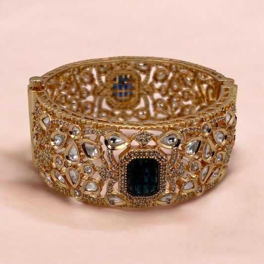 Gold plated kundan broad bracelet
