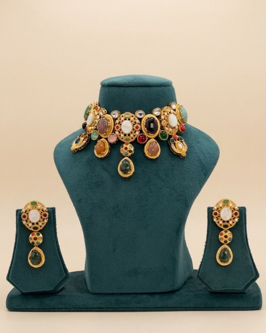Gold plated multi coloured necklace set