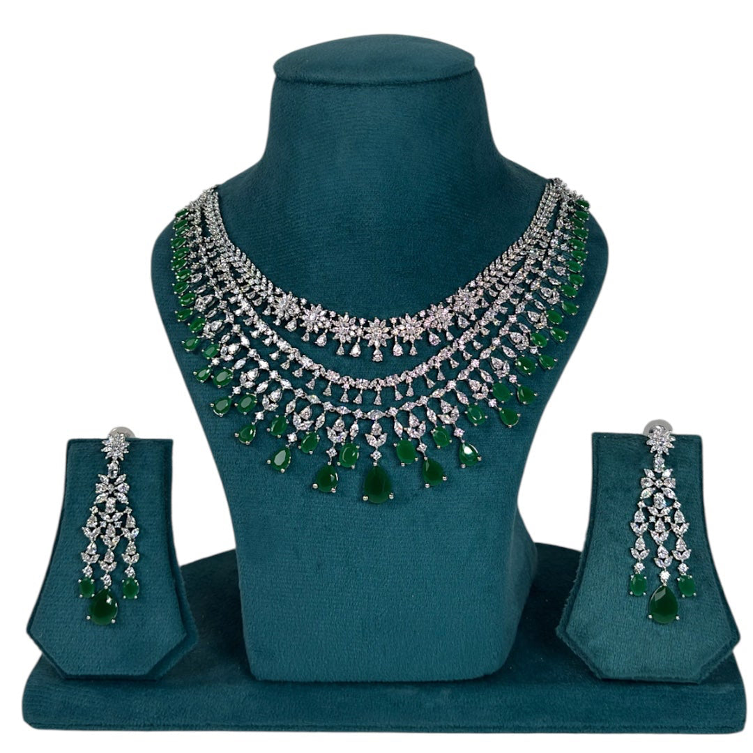 Premium quality silver plated 3layer American Diamond necklace set