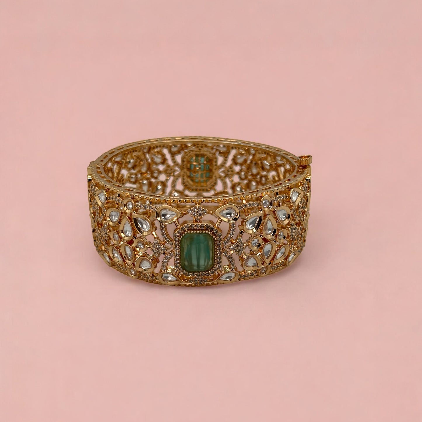 Gold plated kundan broad bracelet