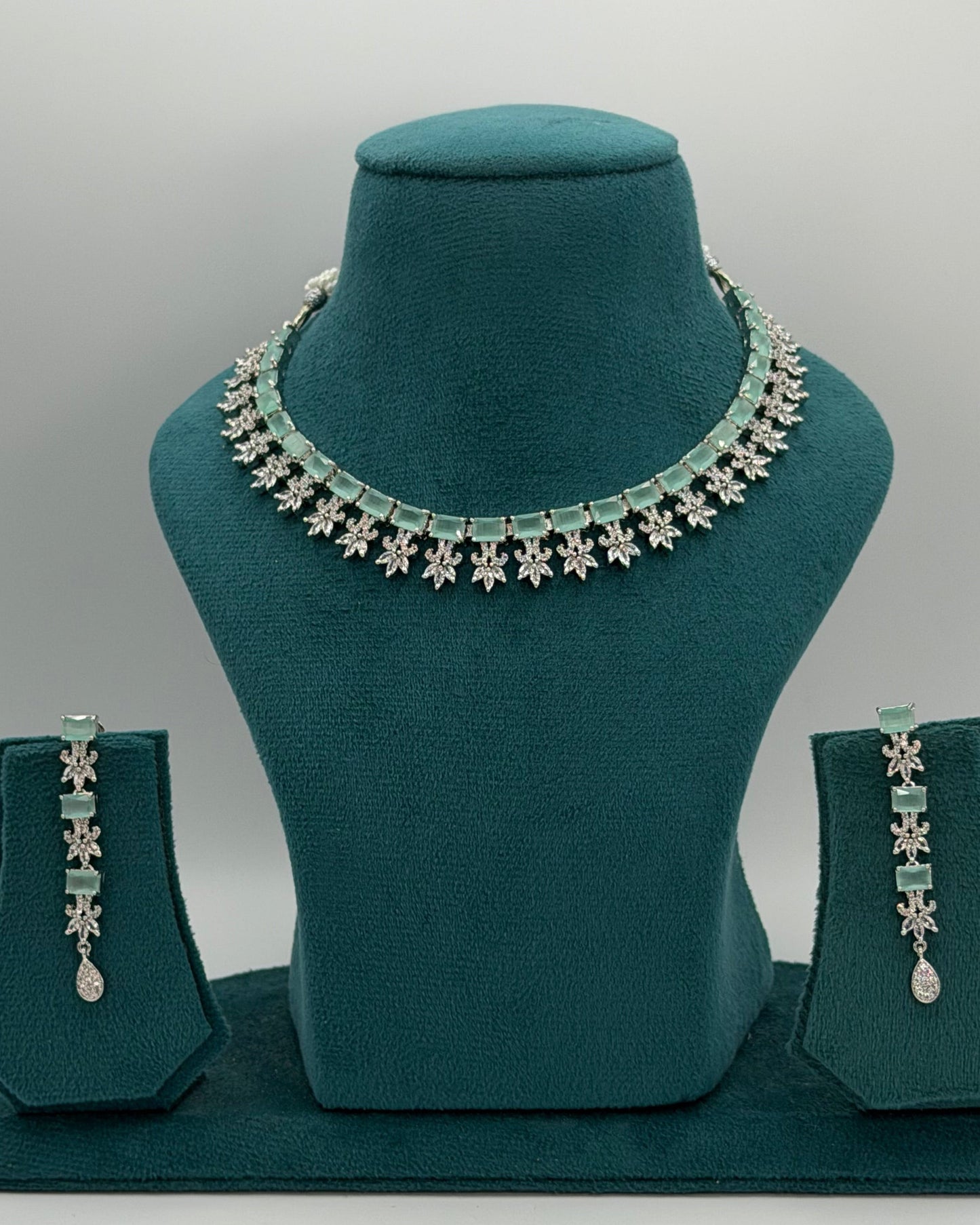 Silver American Diamond light green necklace set