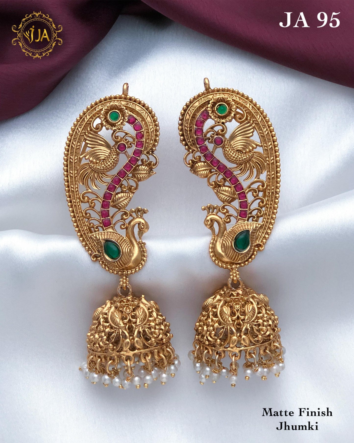 Matte gold plated jhumki with ear cuffs