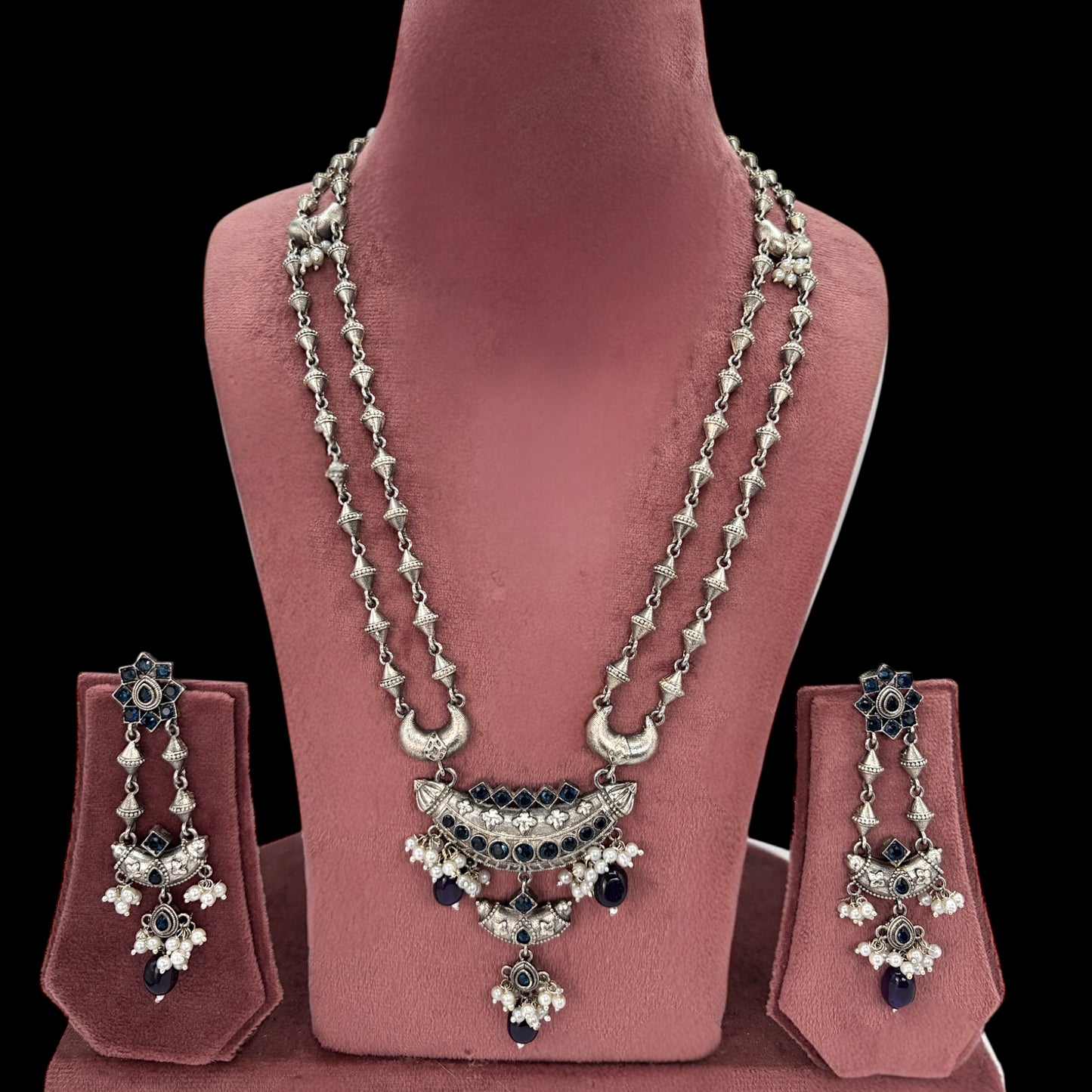 Silver oxidized long necklace set