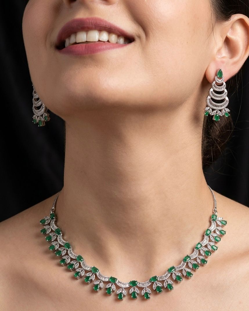 Silver plated American Diamond green necklace set