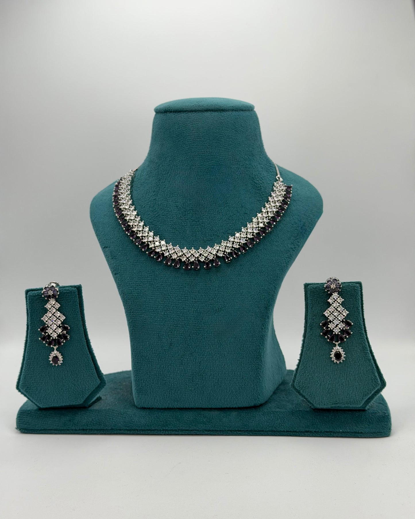 Silver plated purple American Diamond necklace set