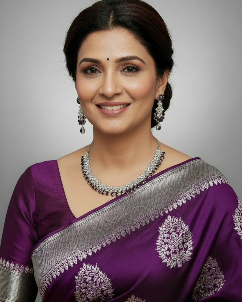 Silver plated purple American Diamond necklace set