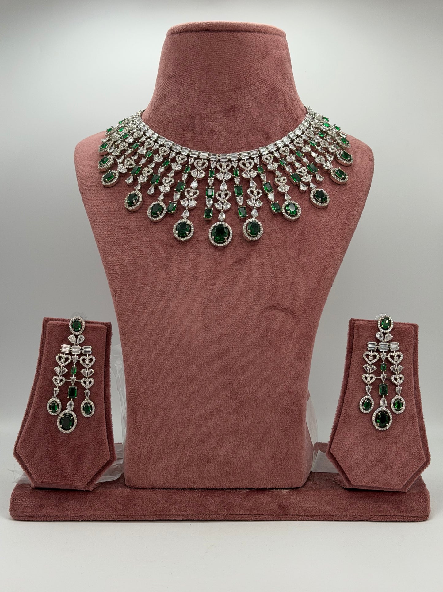 Silver plated American Diamond green necklace set
