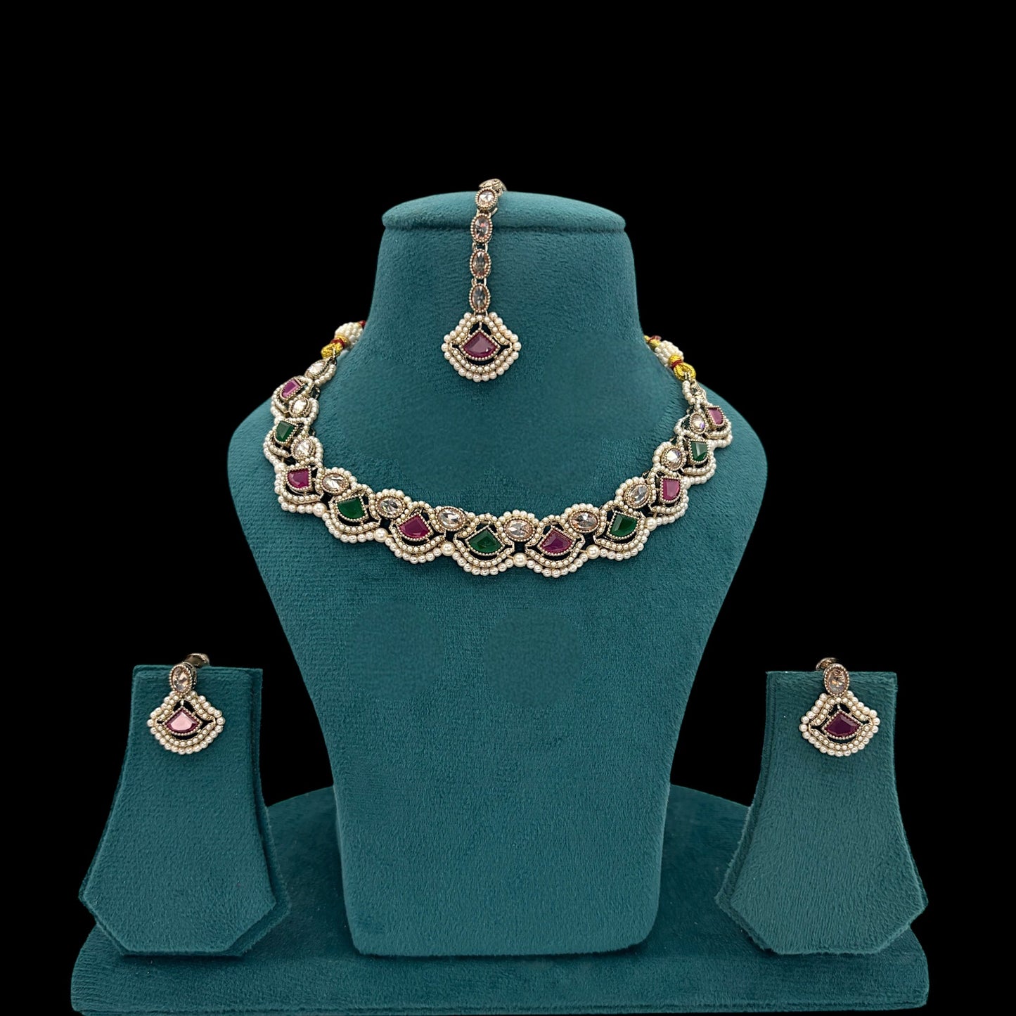 Antique moti necklace set with mehndi plating