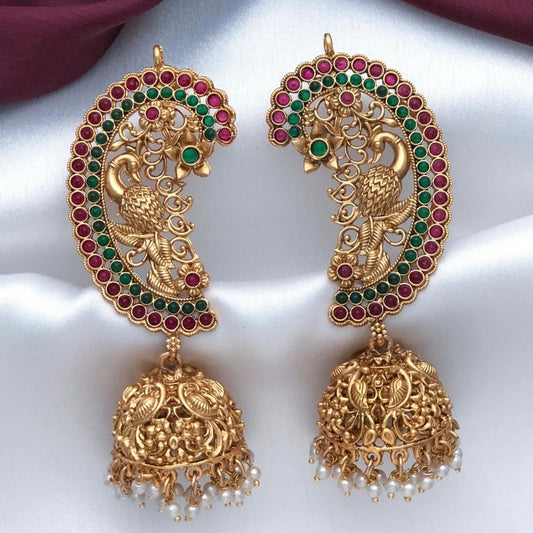 Matte gold plated jhumki with ear cuffs