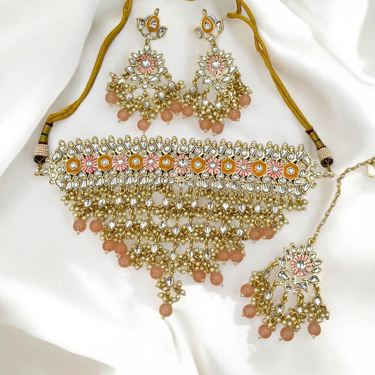 Gold plated peach and pink necklace set