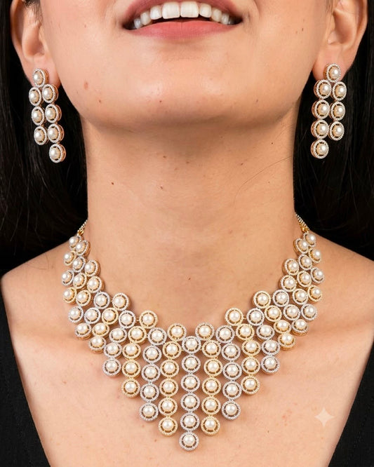 2tone plated American Diamond and pearls necklace set