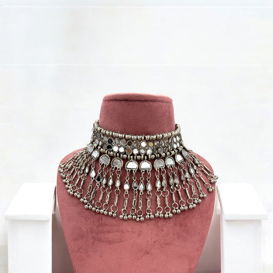Silver big choker/necklace with mirror work