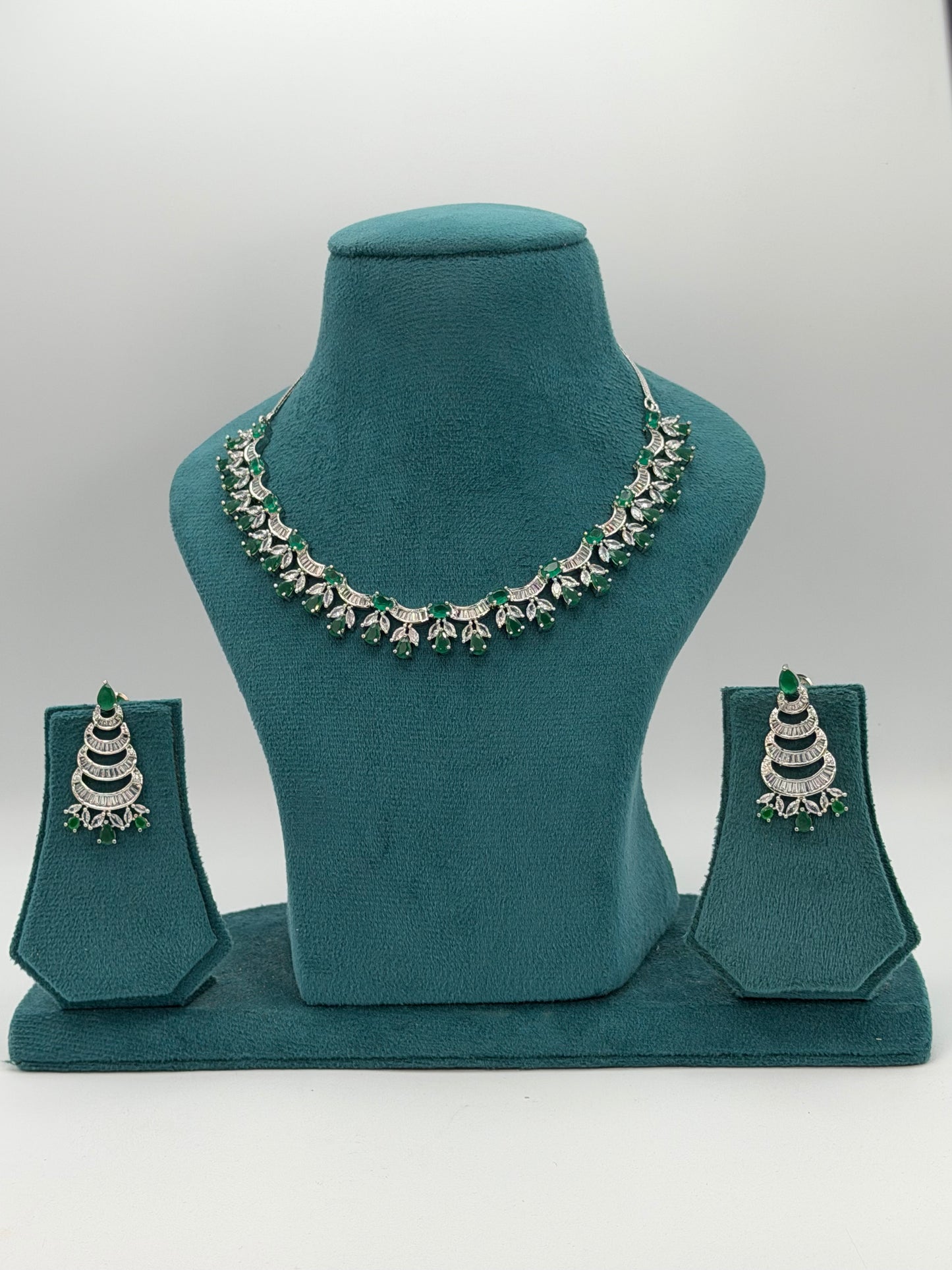Silver plated American Diamond green necklace set