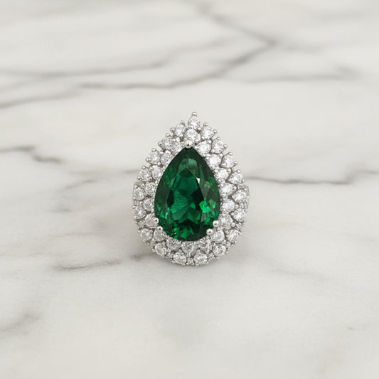 Silver American Diamond ring with green stone