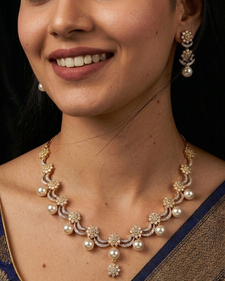 2tone American Diamond necklace set with white pearls