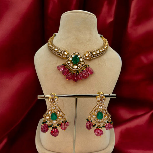 Gold plated kundan and moissanite necklace set