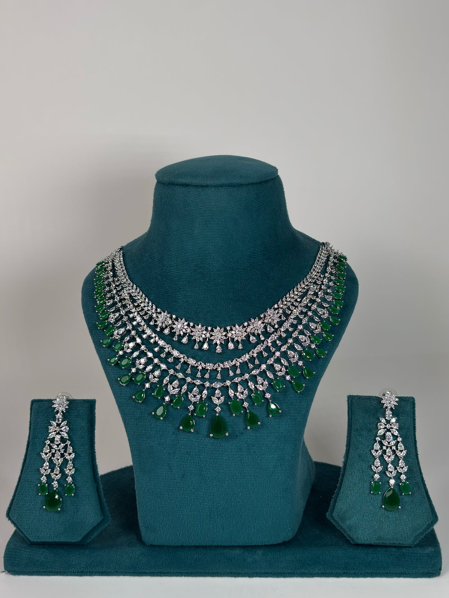 Premium quality silver plated 3layer American Diamond necklace set