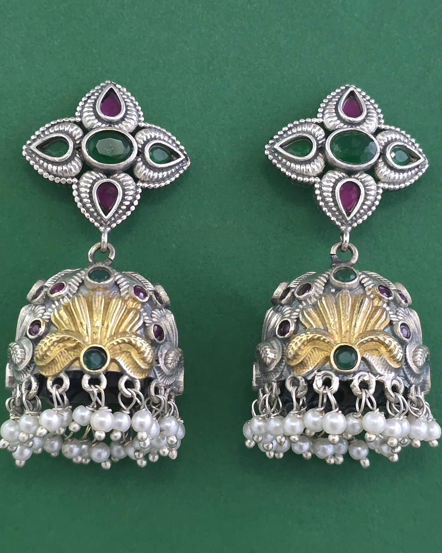 Silver oxidized jhumki with 2tone plating