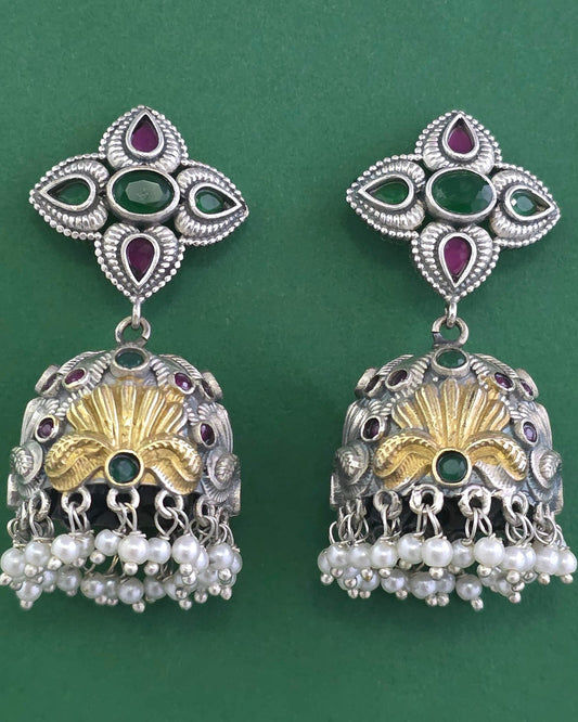 Silver oxidized jhumki with 2tone plating