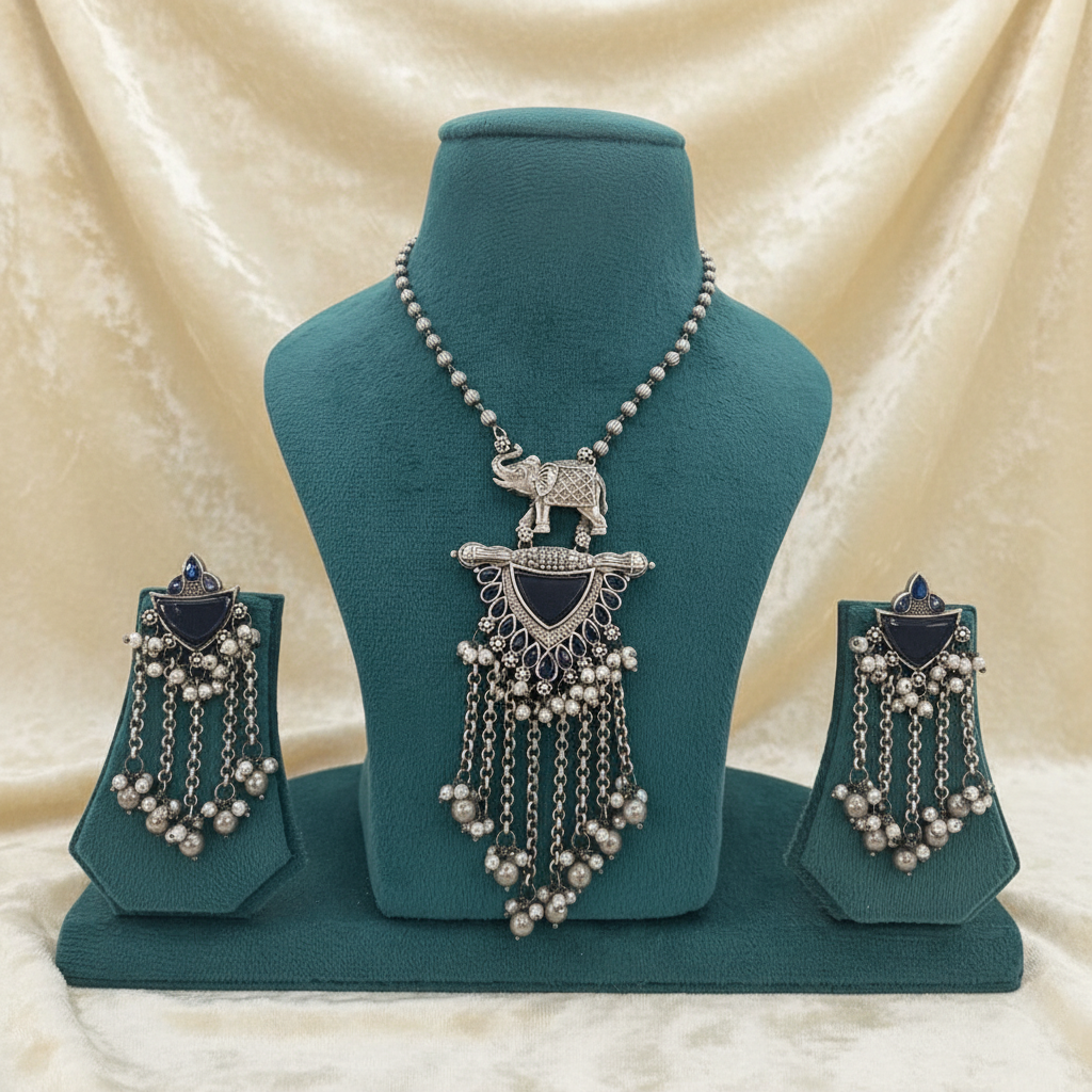 Purple color silver oxidized chain pendant set