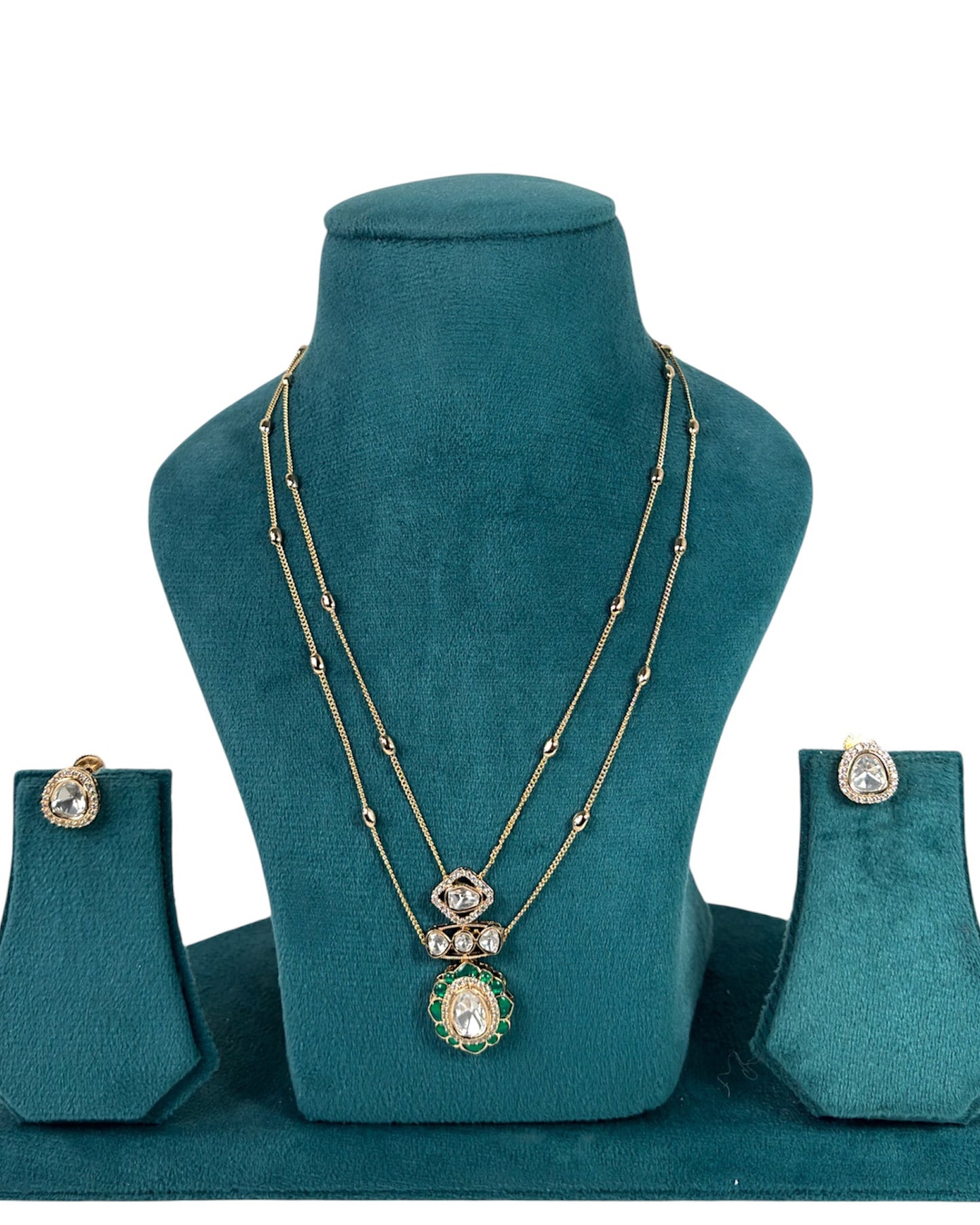 Gold plated 2layer kundan pendant set with green stones