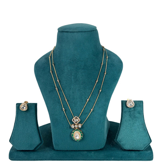 Gold plated 2layer kundan pendant set with green stones