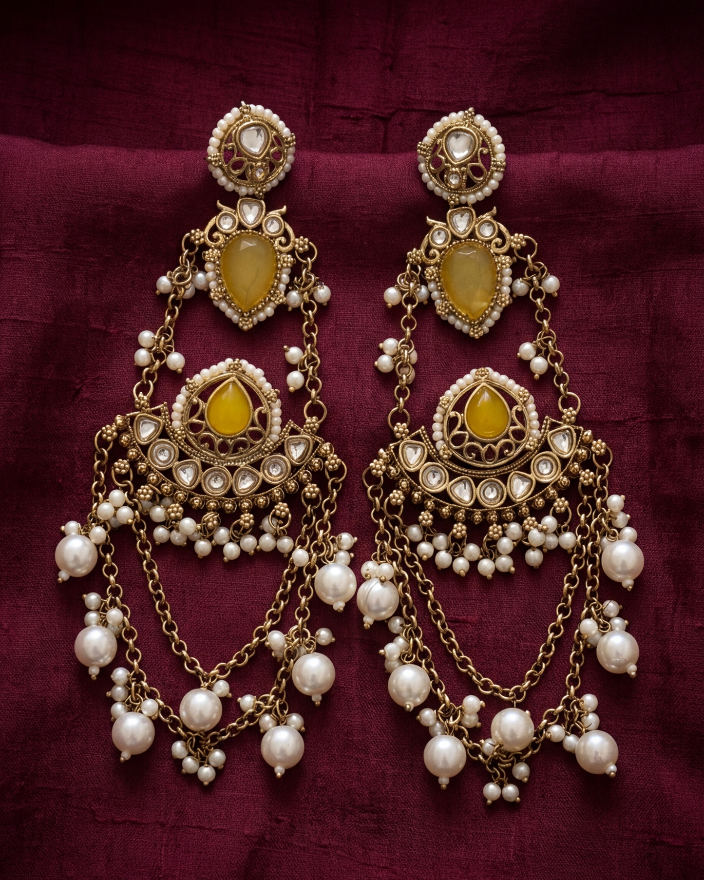 Mehndi plated yellow Kashmiri earrings