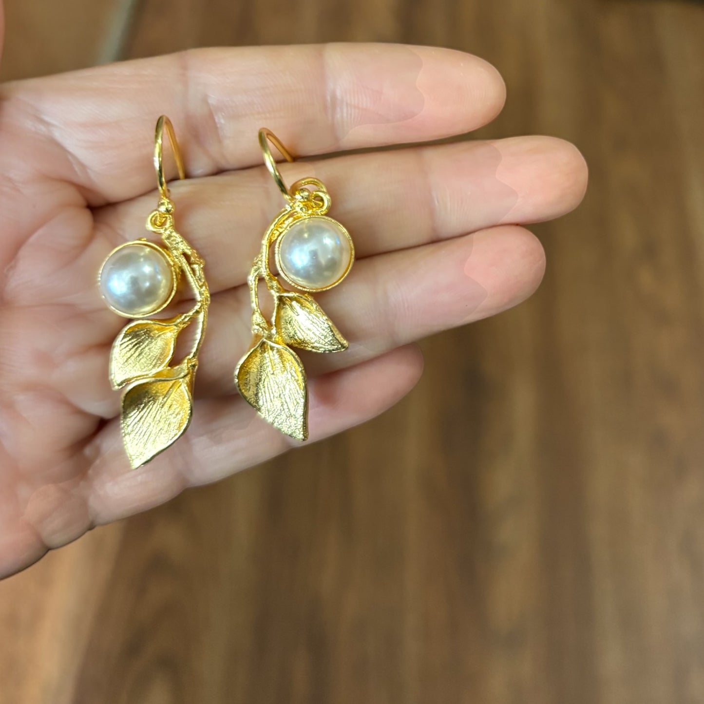 Gold plated leaf earrings with pearls