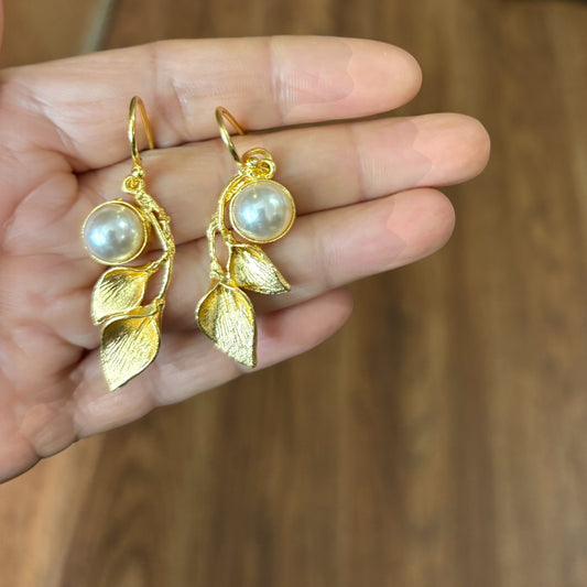 Gold plated leaf earrings with pearls