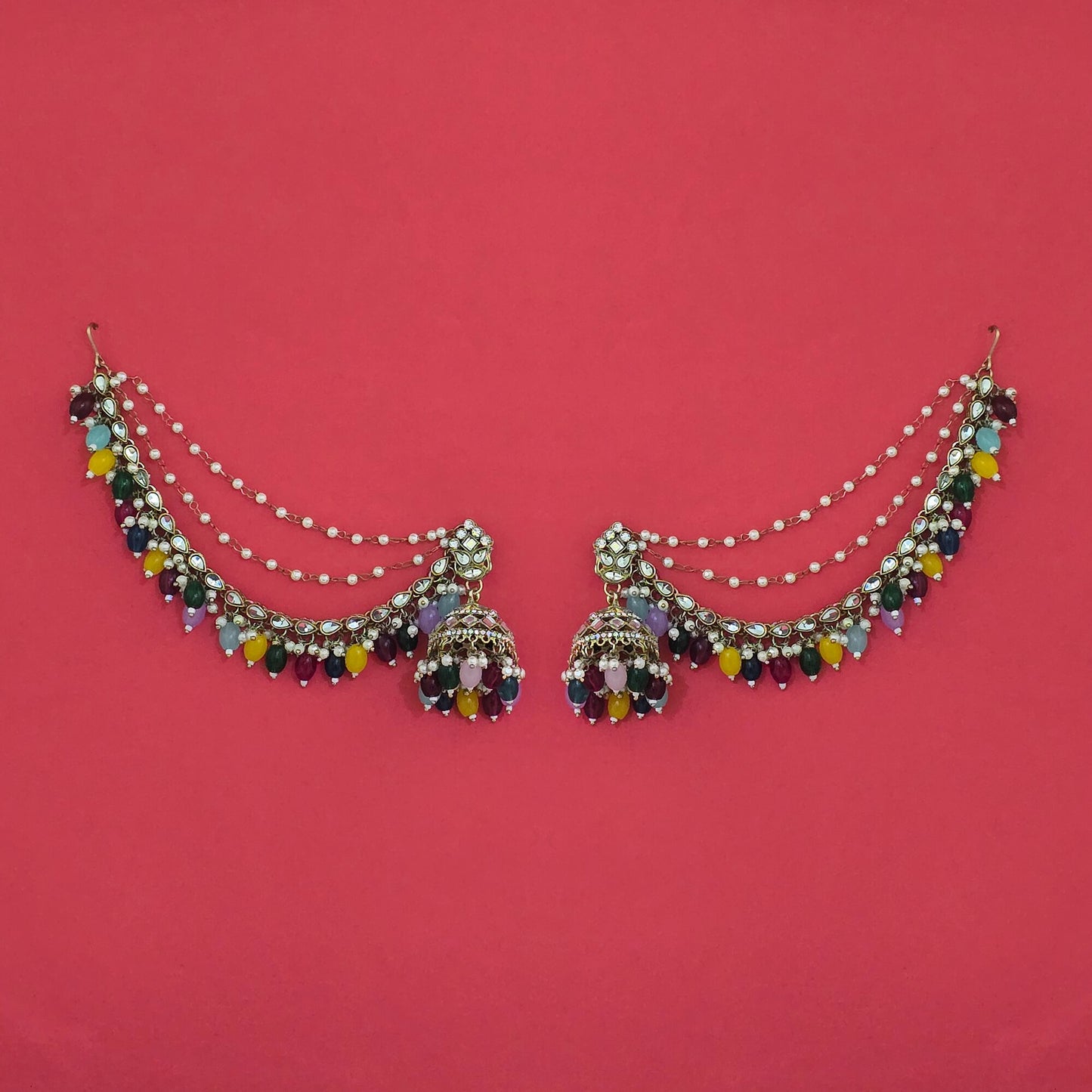 Victorian polish jhumki with ear chains