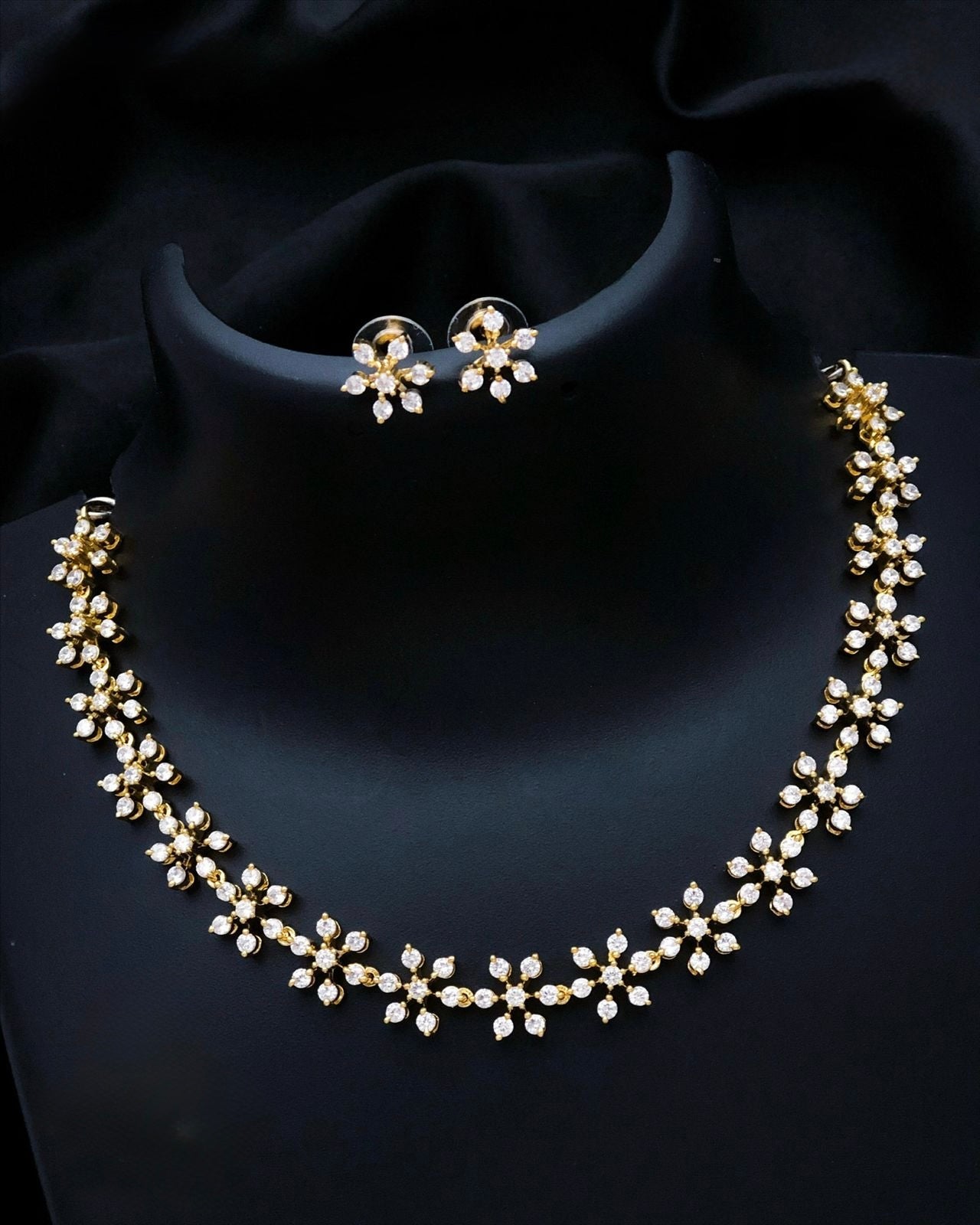 Gold plated American Diamond single line necklace set