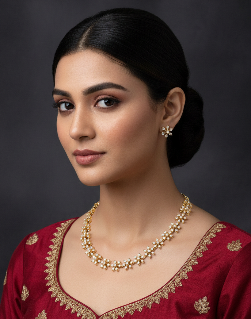 Gold plated American Diamond single line necklace set