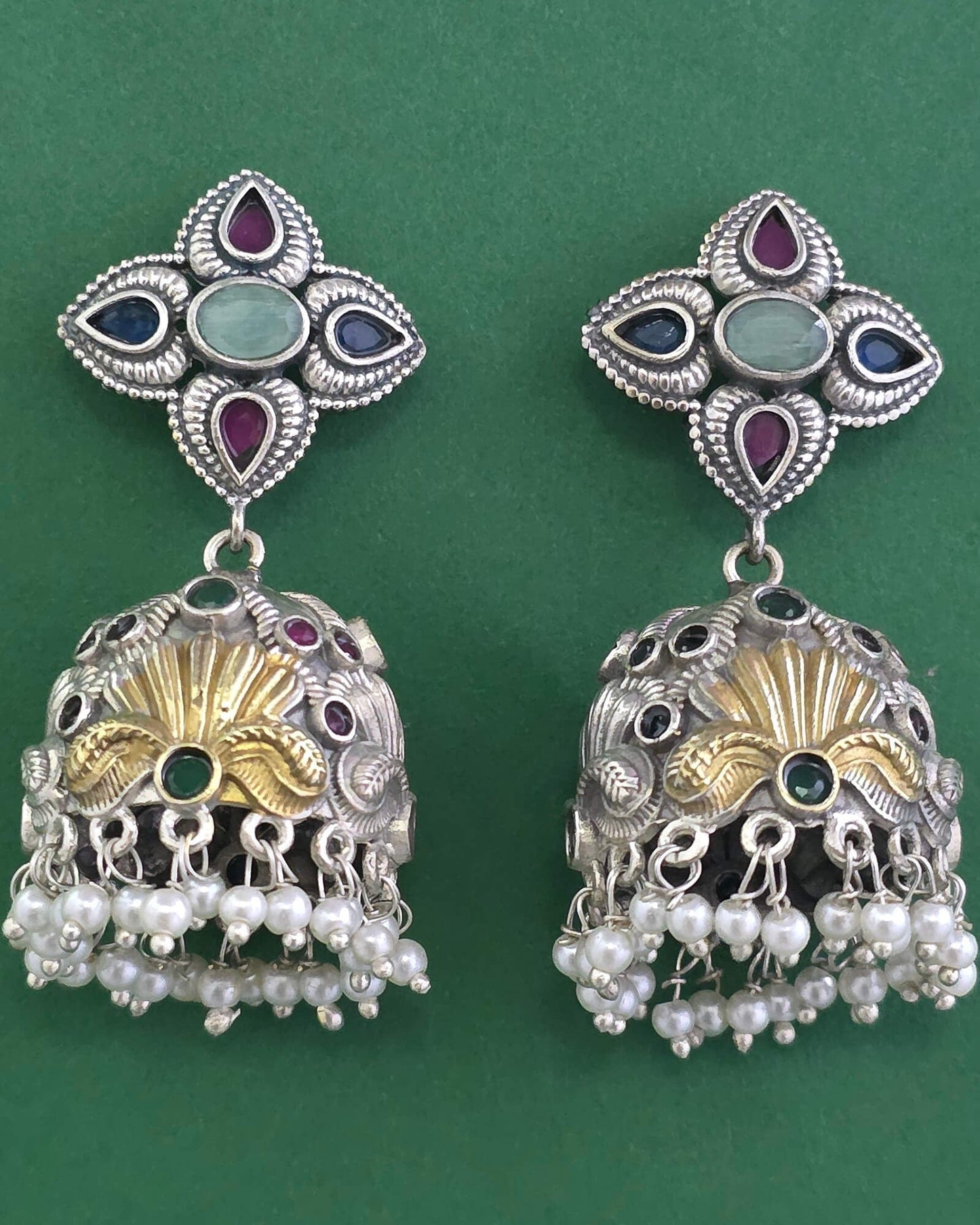 Silver oxidized jhumki with 2tone plating