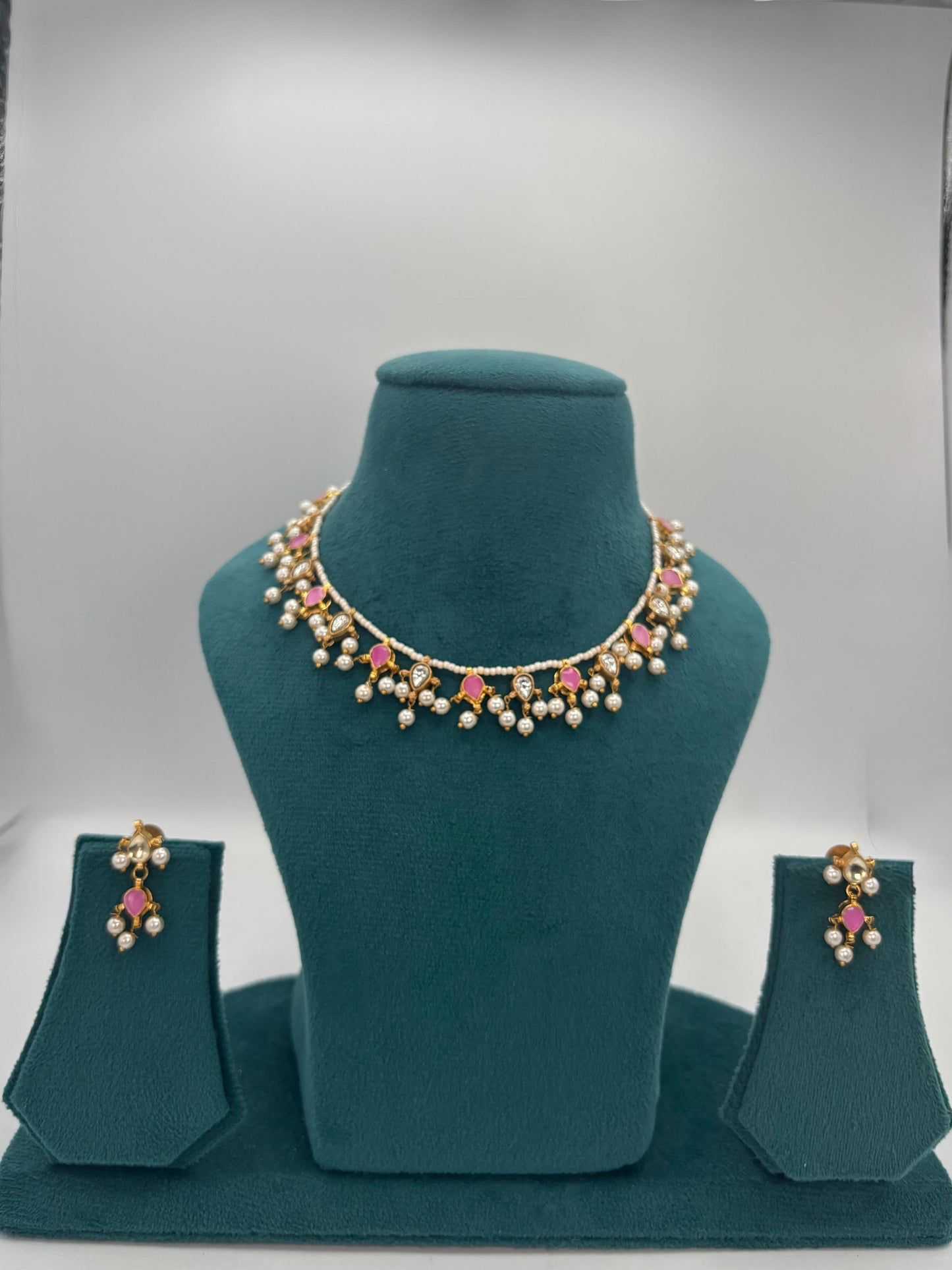 Gold plated pink kundan necklace set