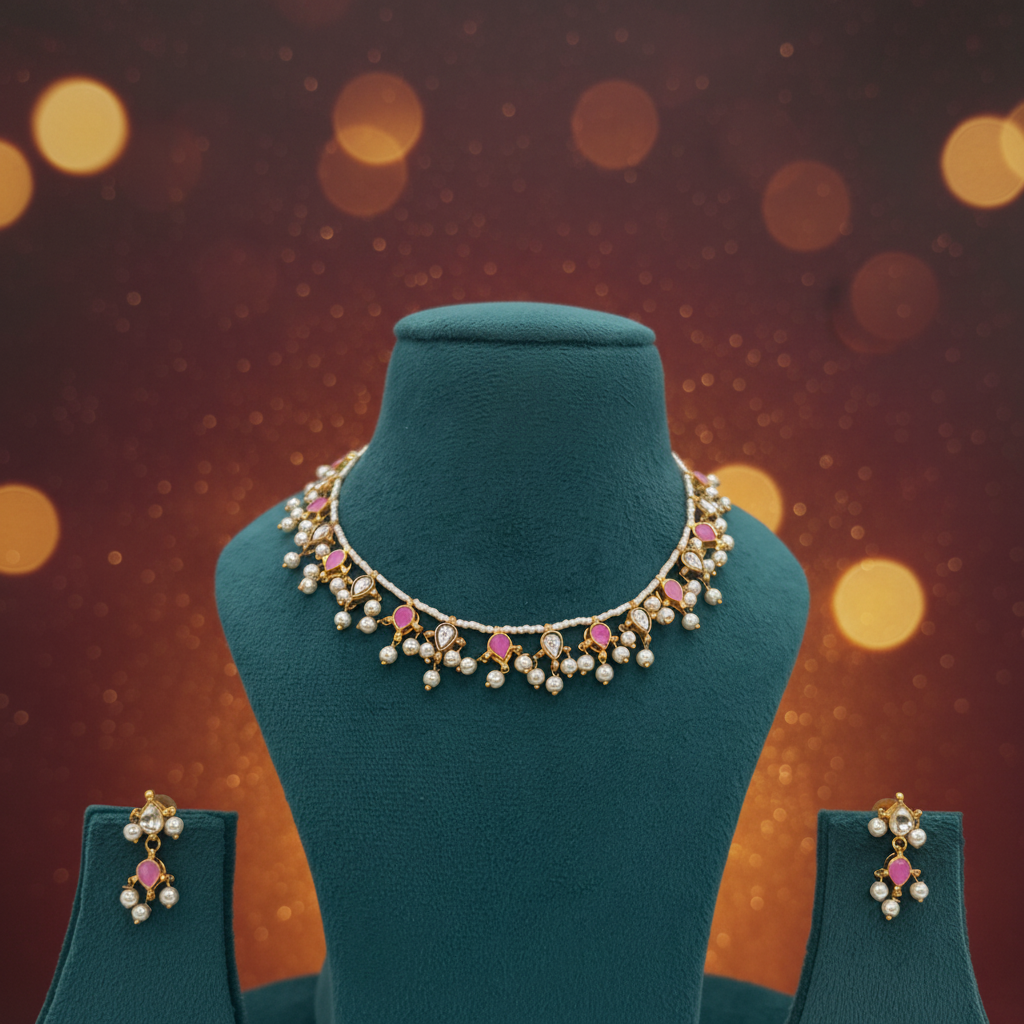 Gold plated pink kundan necklace set