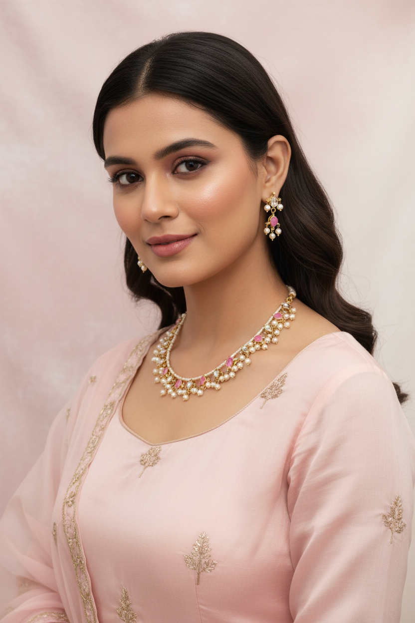 Gold plated pink kundan necklace set