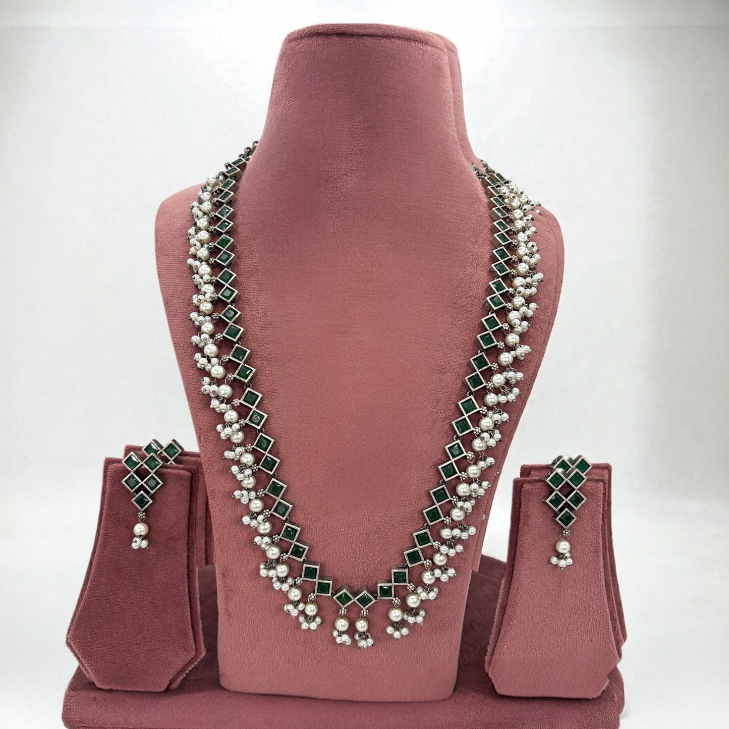 Silver oxidized long necklace set with green stones