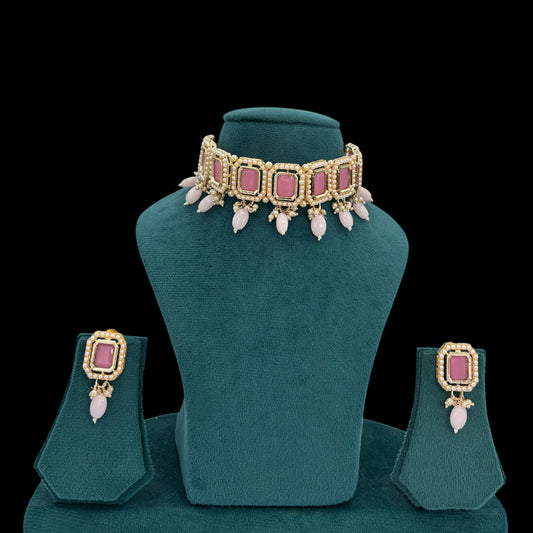 Pink choker set with white beads