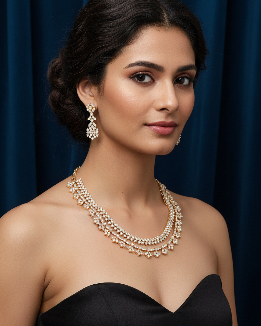 Gold plated 2layers American Diamond necklace set