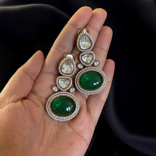 Kundan and moissanite green earrings