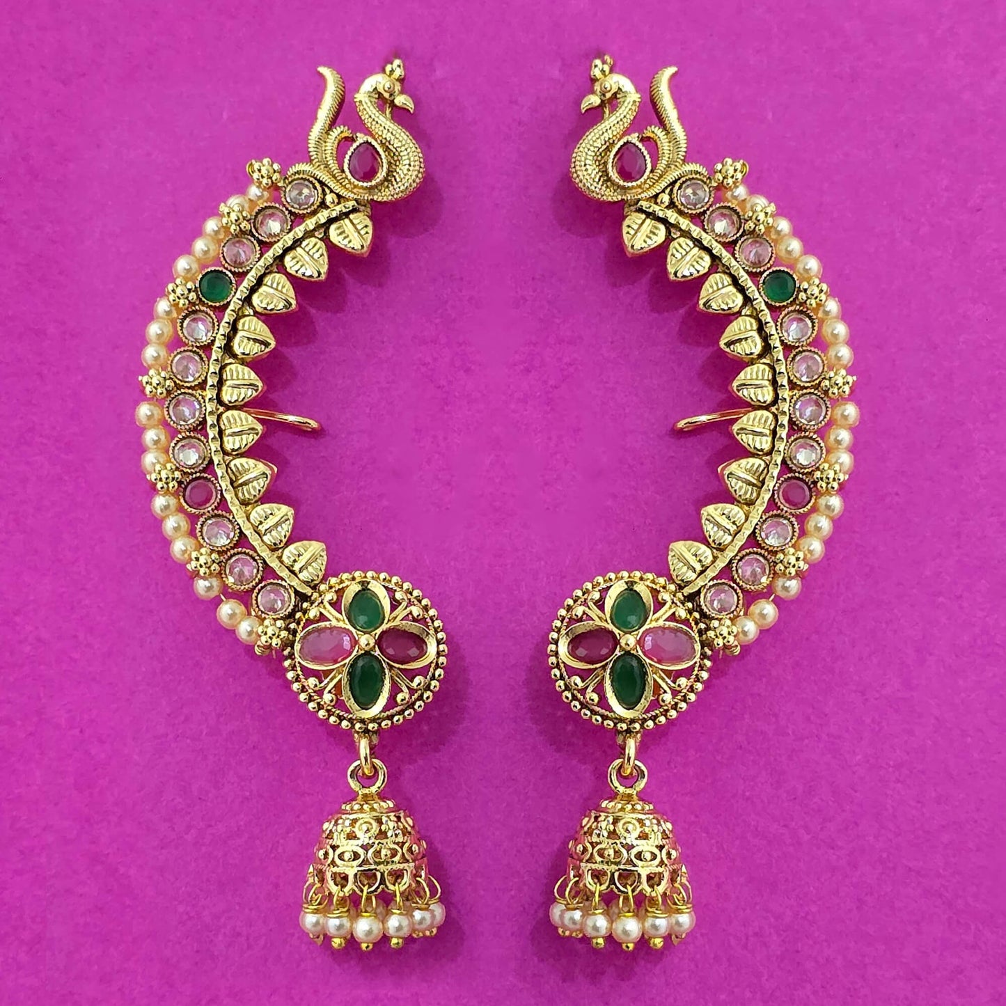 Gold plated jhumki with ear cuffs