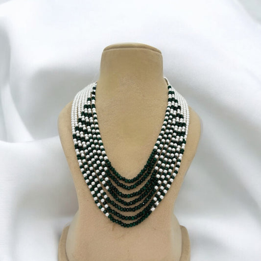 Seven layer moti and green stones mala