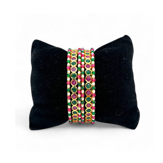 Gold plated dark pink and green bangles set