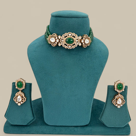 Green choker set with moissanite and kundan stones