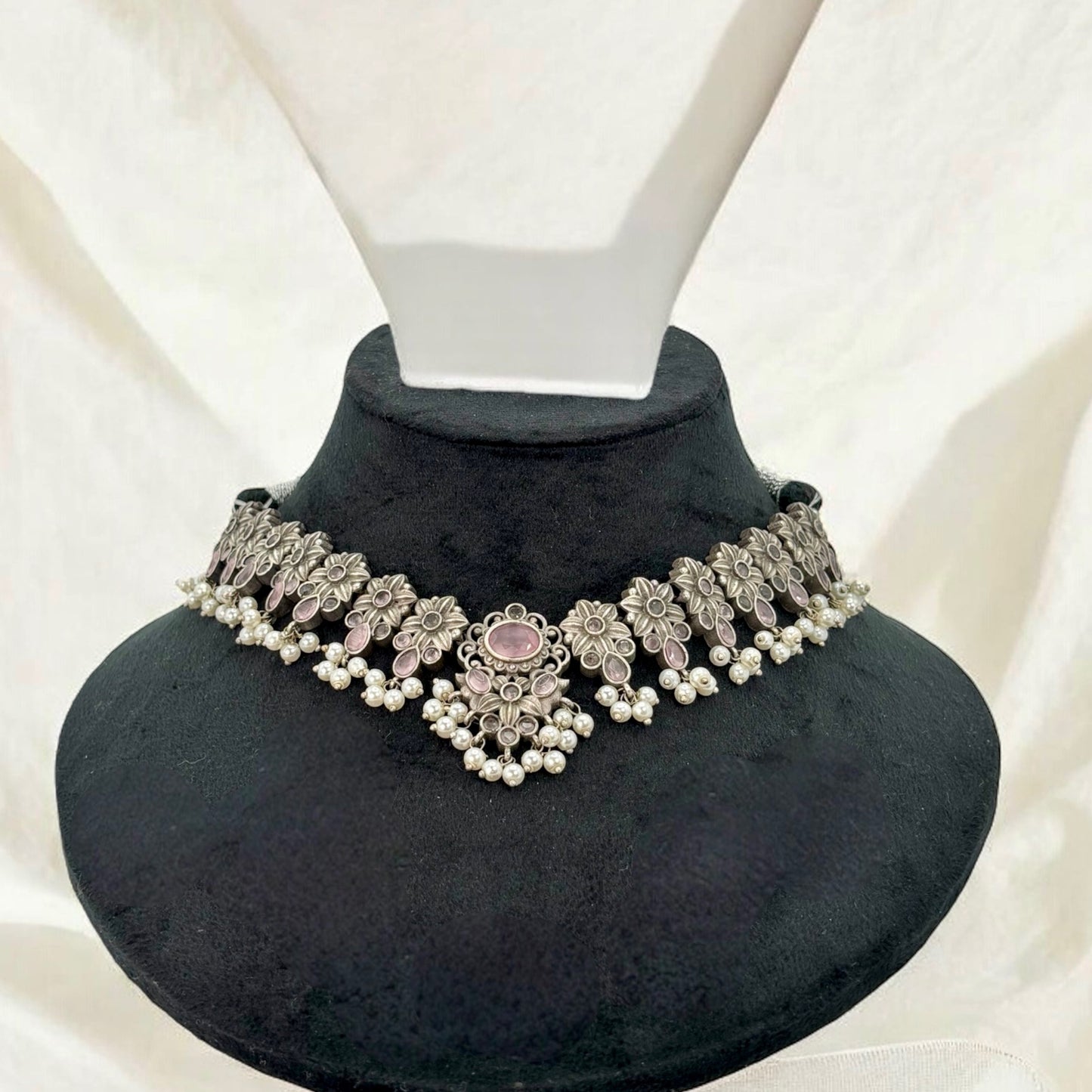 Pink silver oxidized necklace