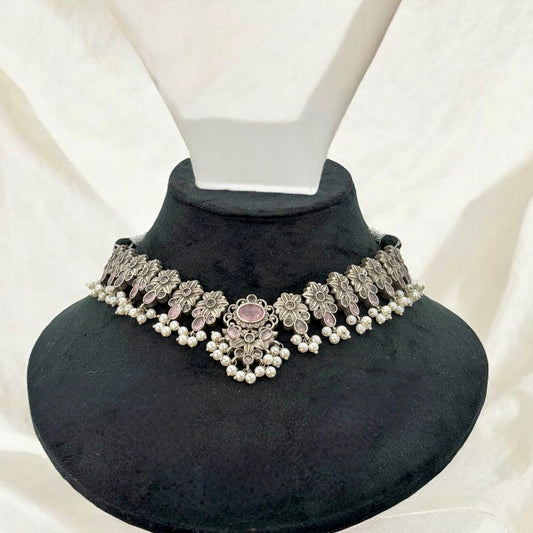 Pink silver oxidized necklace