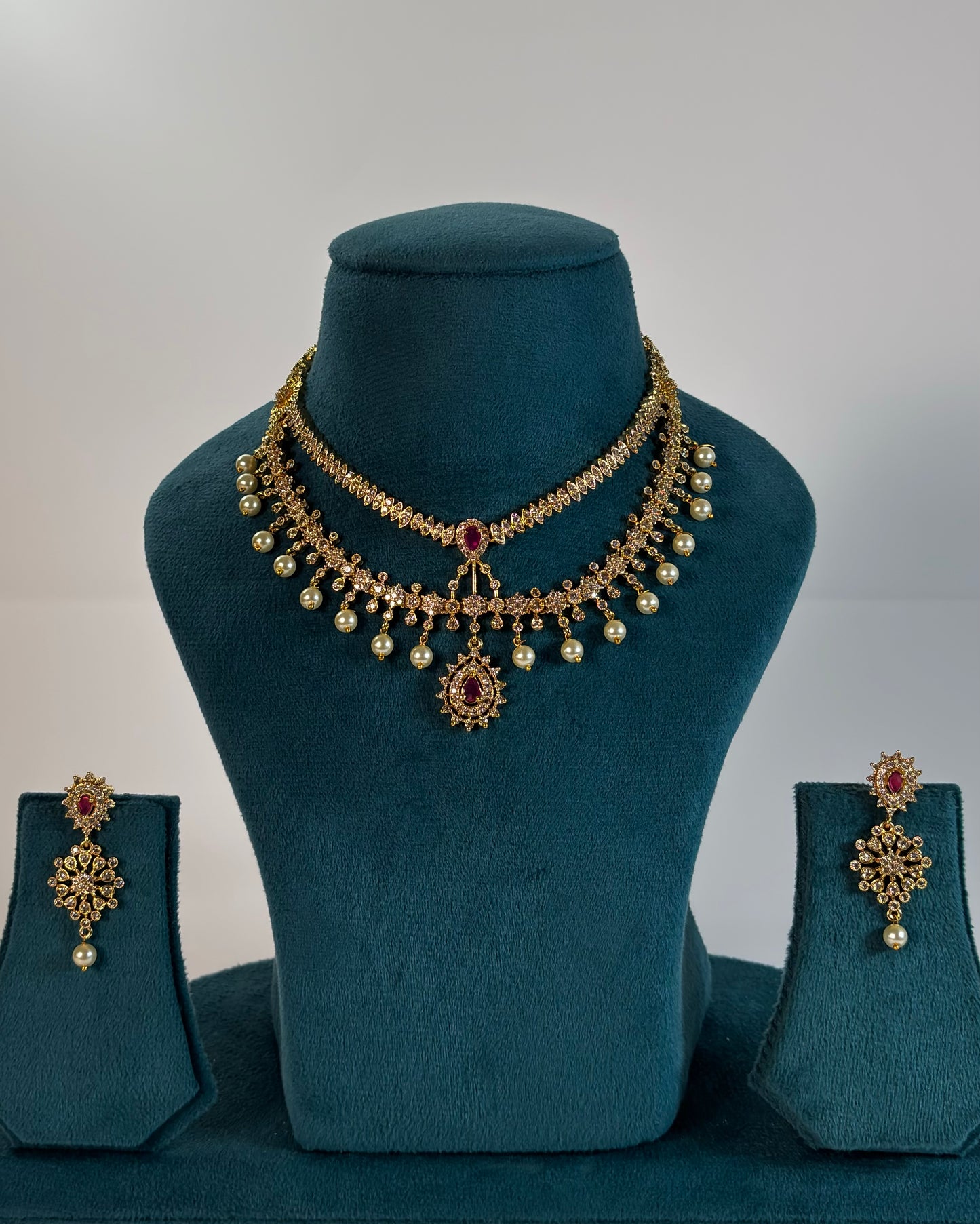 Gold plated two layer American Diamond necklace set