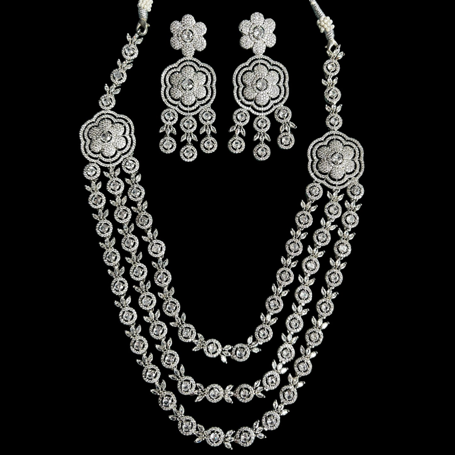Silver American Diamond long necklace set