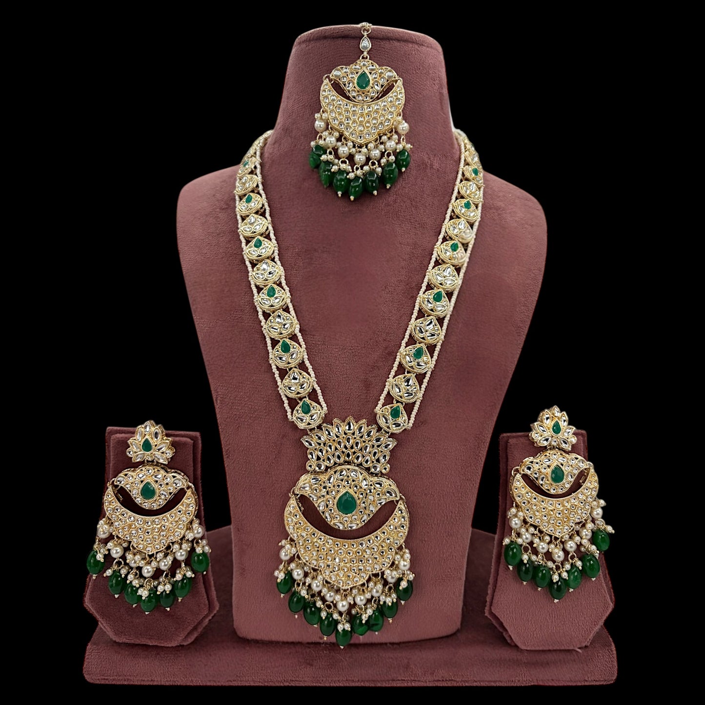 Gold plated green long necklace set